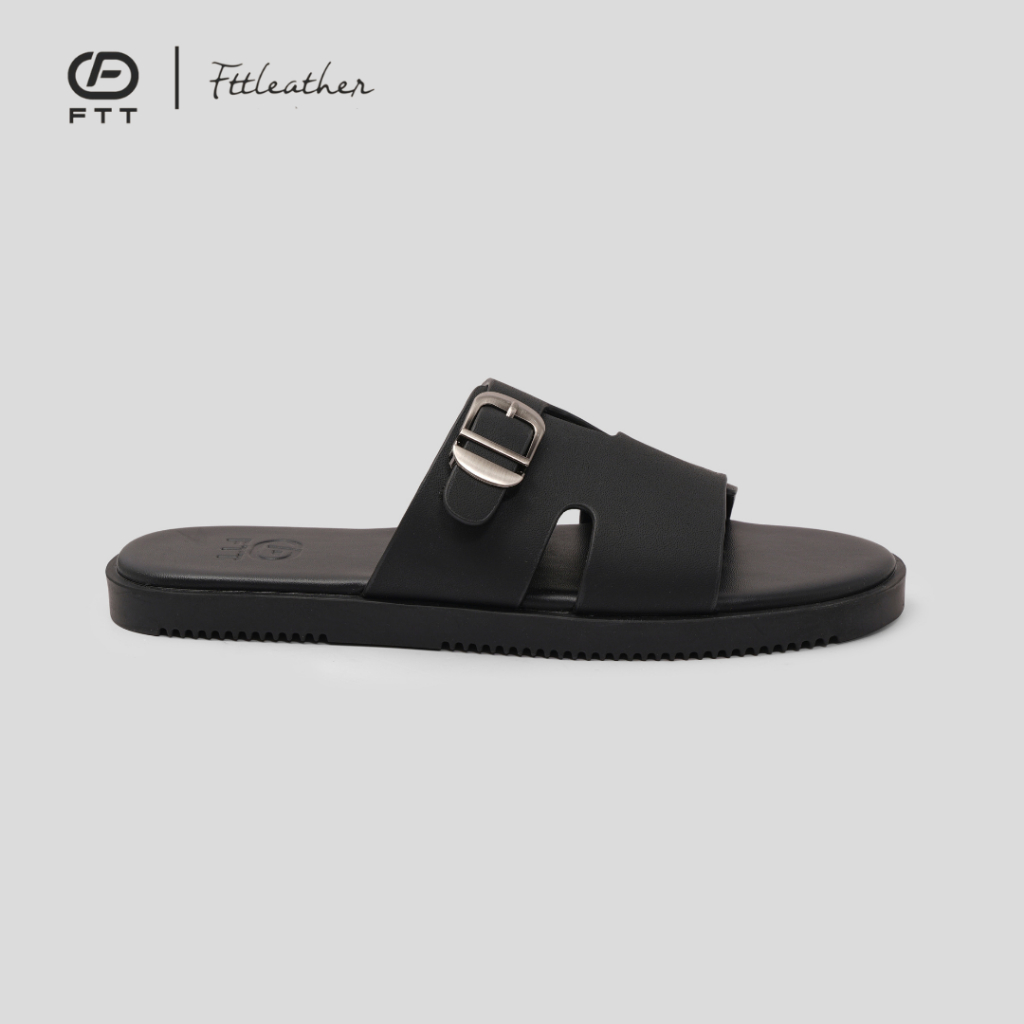 Dép Sandal nam FTT Leather da microfiber quai đan ngang phối khuy đế TPR bền, nhẹ, độ bám tốt