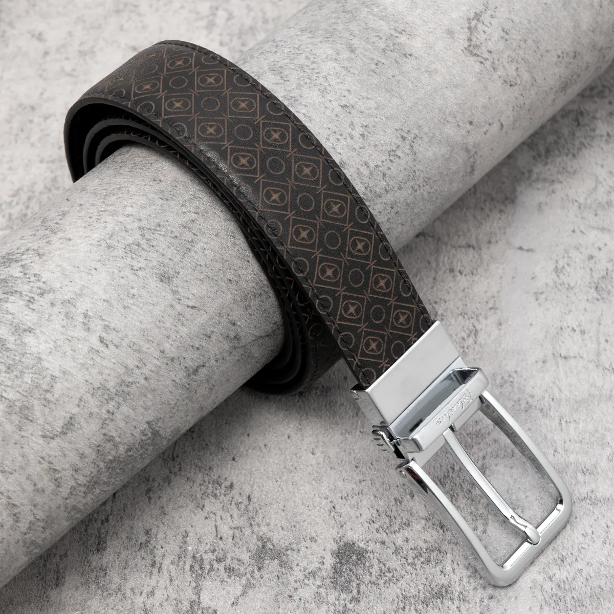 Thắt lưng da bò nam họa tiết monogram FTT Leather mặt khóa xỏ kim xoay mặt cao cấp không rỉ