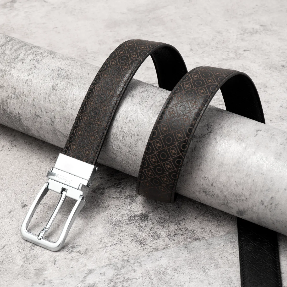 Thắt lưng da bò nam họa tiết monogram FTT Leather mặt khóa xỏ kim xoay mặt cao cấp không rỉ