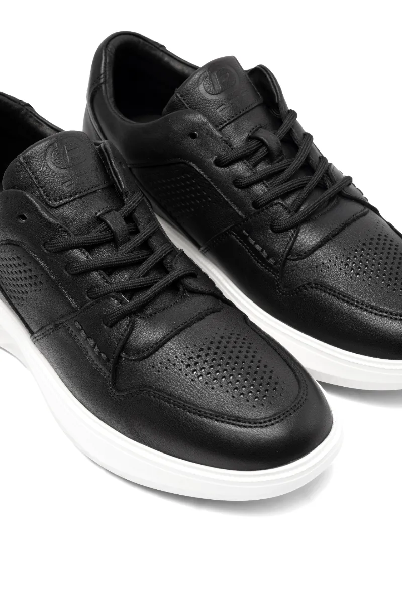 Giày da bê nam êm chân dáng thể thao FTTLeather đế sneaker cao cấp có lỗ thoáng khí màu đen GTF003BL