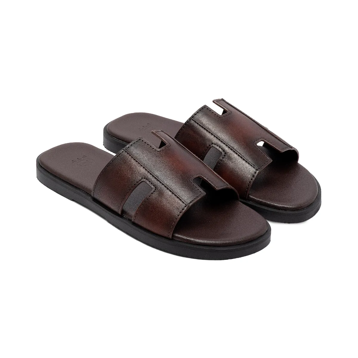 Dép da bò nam chữ H FTT Leather quai ngang màu nâu dáng trơn đế cao cấp bền, nhẹ, độ bám tốt D105