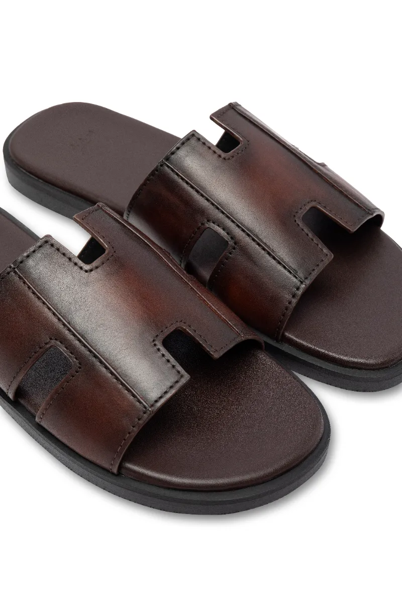 Dép da bò nam chữ H FTT Leather quai ngang màu nâu dáng trơn đế cao cấp bền, nhẹ, độ bám tốt D105