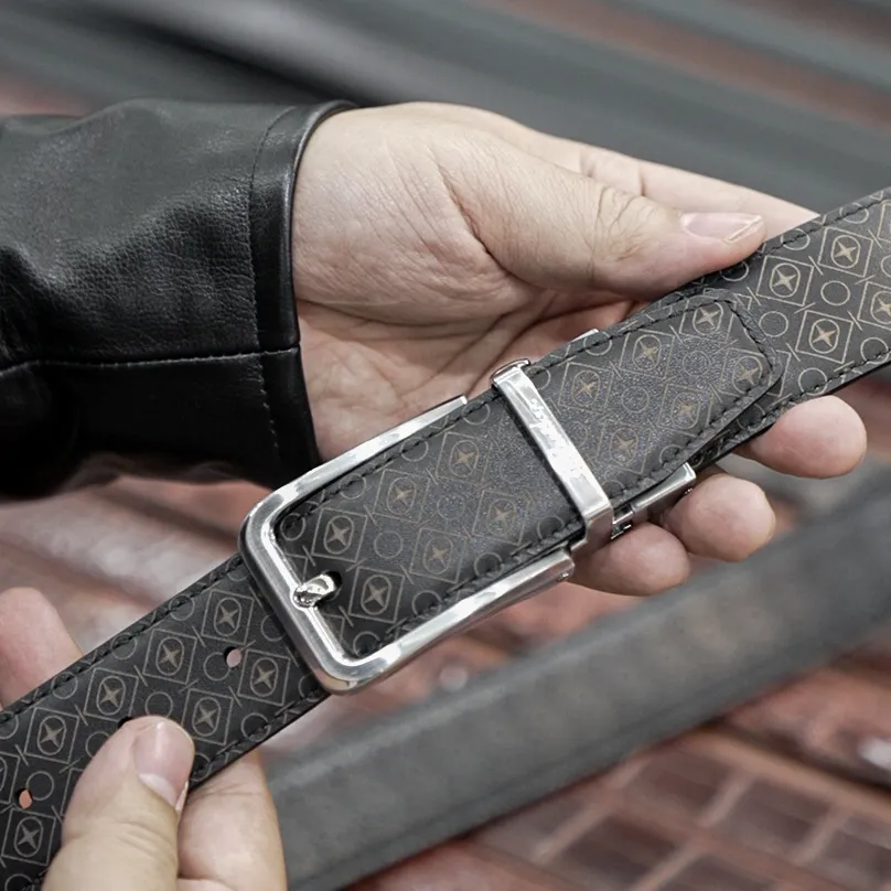 Thắt lưng da bò nam họa tiết monogram FTT Leather mặt khóa xỏ kim xoay mặt cao cấp không rỉ
