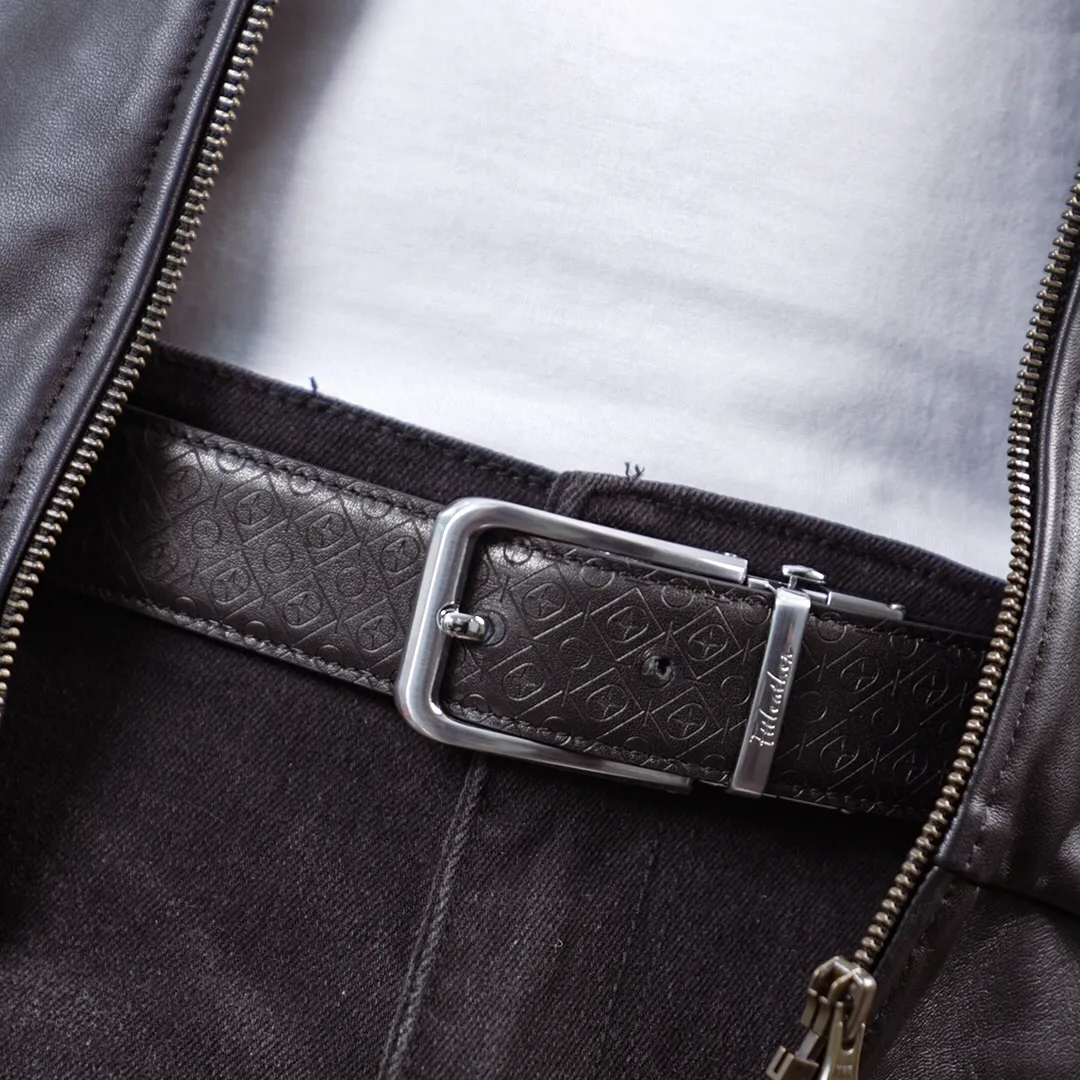 Thắt lưng da bò nam họa tiết monogram FTT Leather mặt khóa xỏ kim xoay mặt cao cấp không rỉ