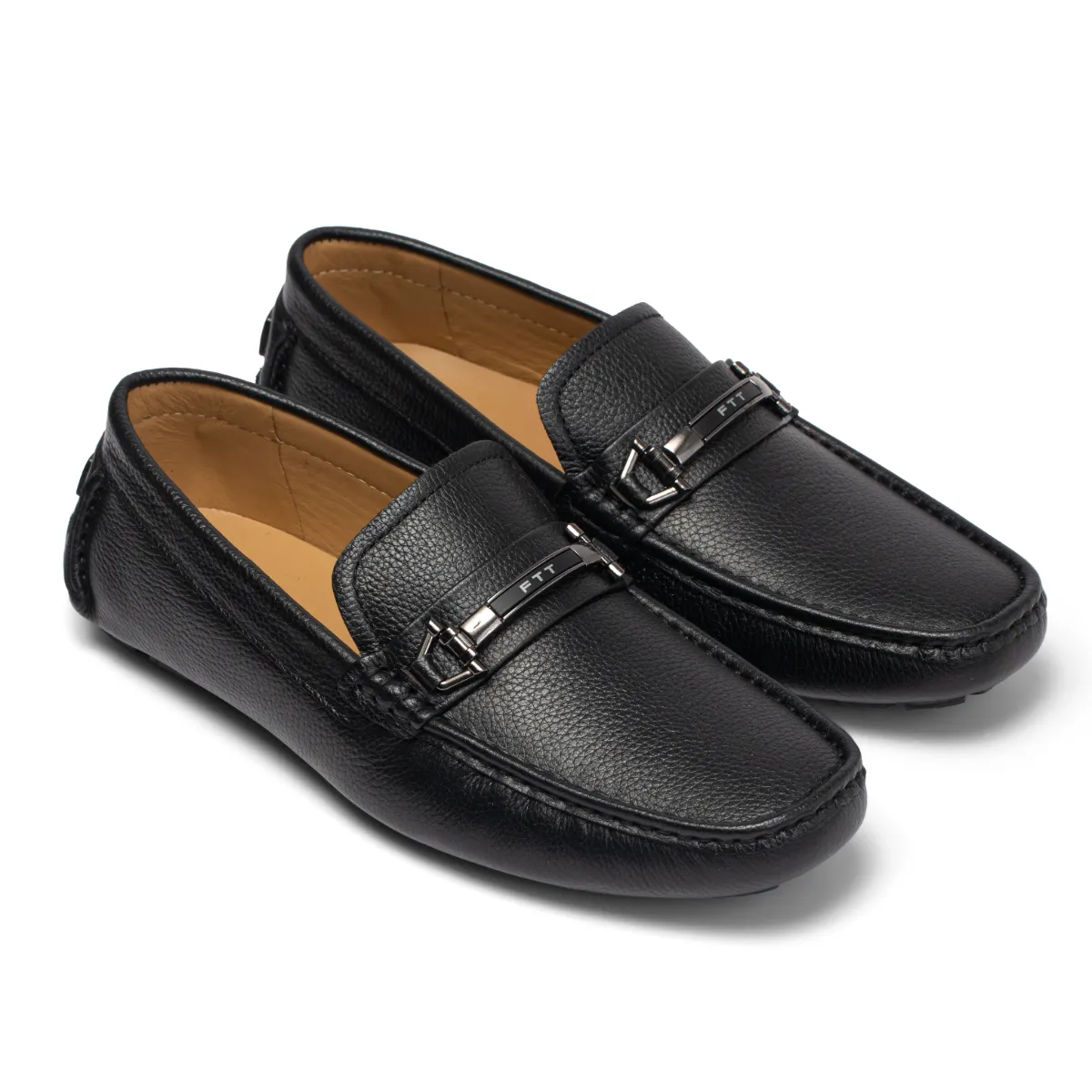 Giày da bò nam vân hạt dáng lười họa tiết logo FTT Leather đế chống trơn trượt cao cấp F77640
