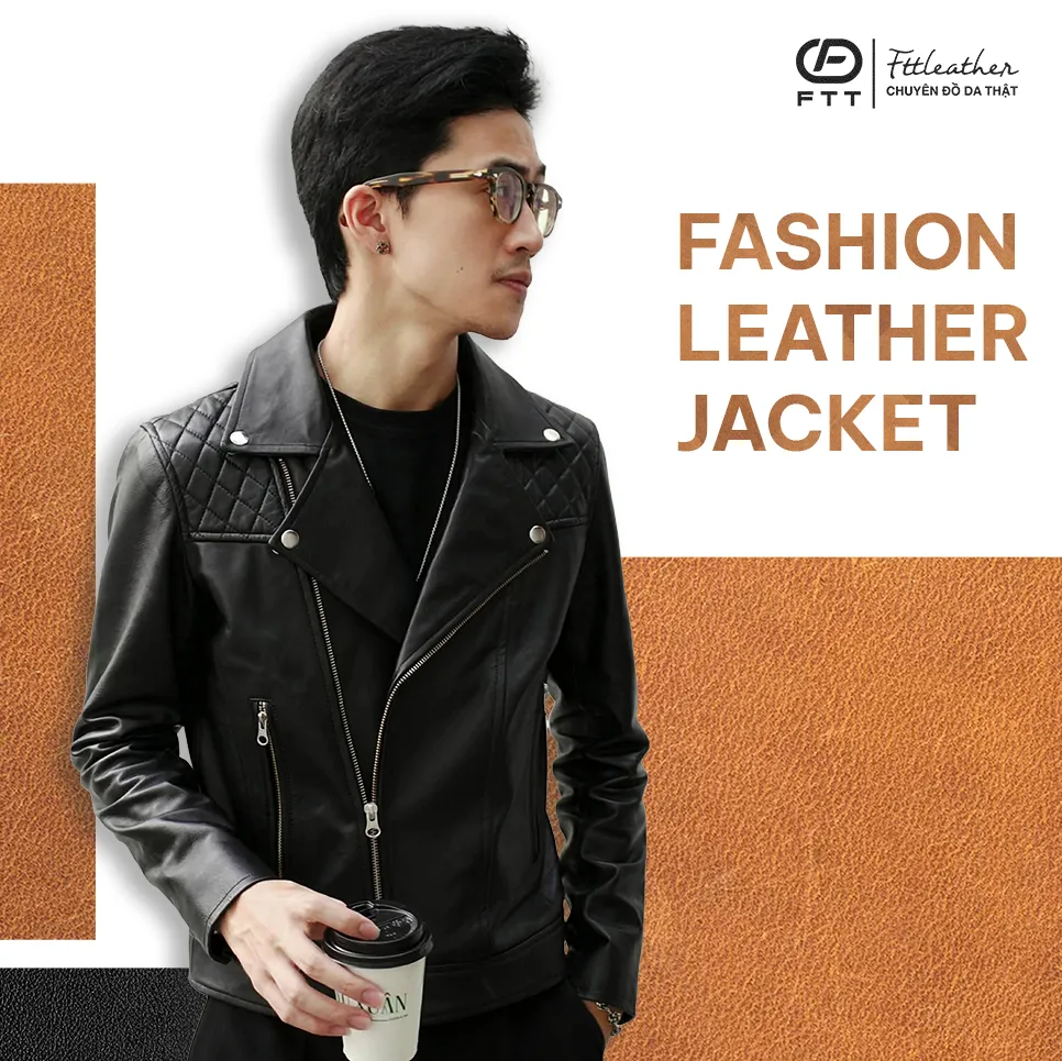 [FASHION] Áo da Biker Jacket trần bông quả trám vai - AD315