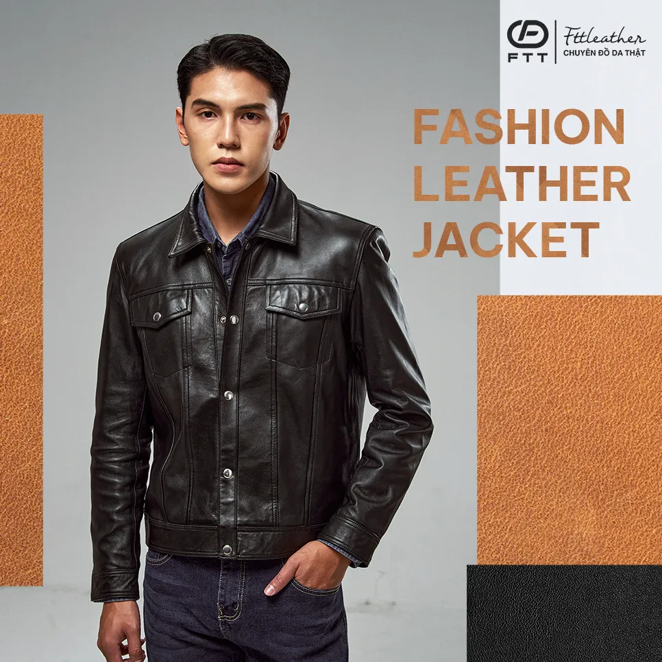 [FASHION] Áo da nam Trucker Jacket túi hộp chìm cúc trắng- AD413