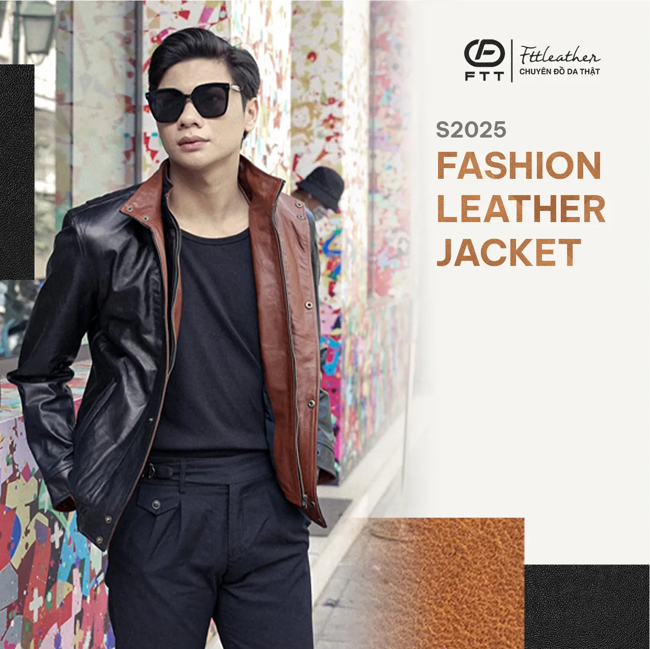 [FASHION] Áo da nam bò cổ lồng phối màu-  - Phối Đen Nâu khóa đồng - AD801