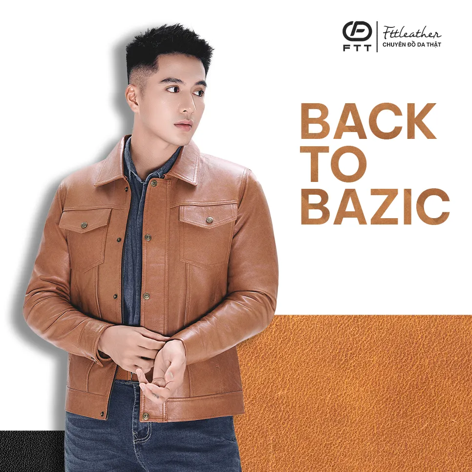 Áo da đôi Trucker x Collar Tan Brown nam nữ V1