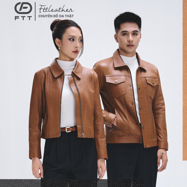 Áo da đôi Trucker x Collar Tan Brown nam nữ V1